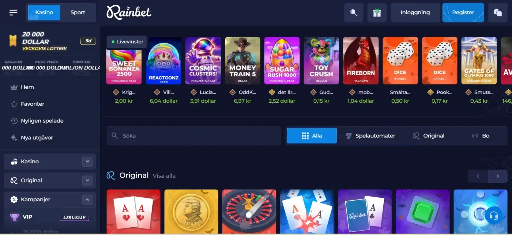 Rainbets Originals-katalog med spelkort och kategorirubrik
